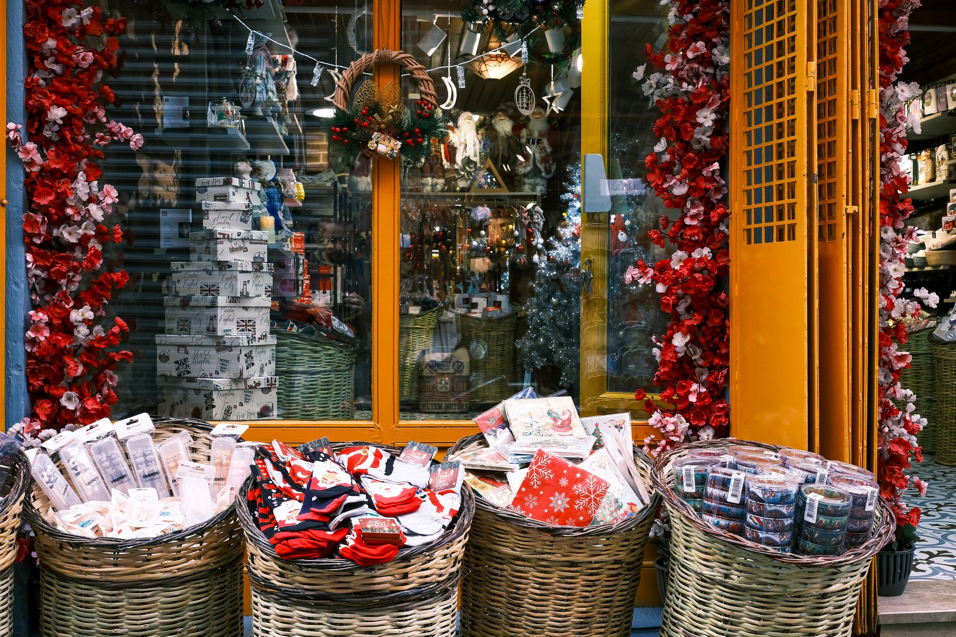 Festive holiday storefront with gifts