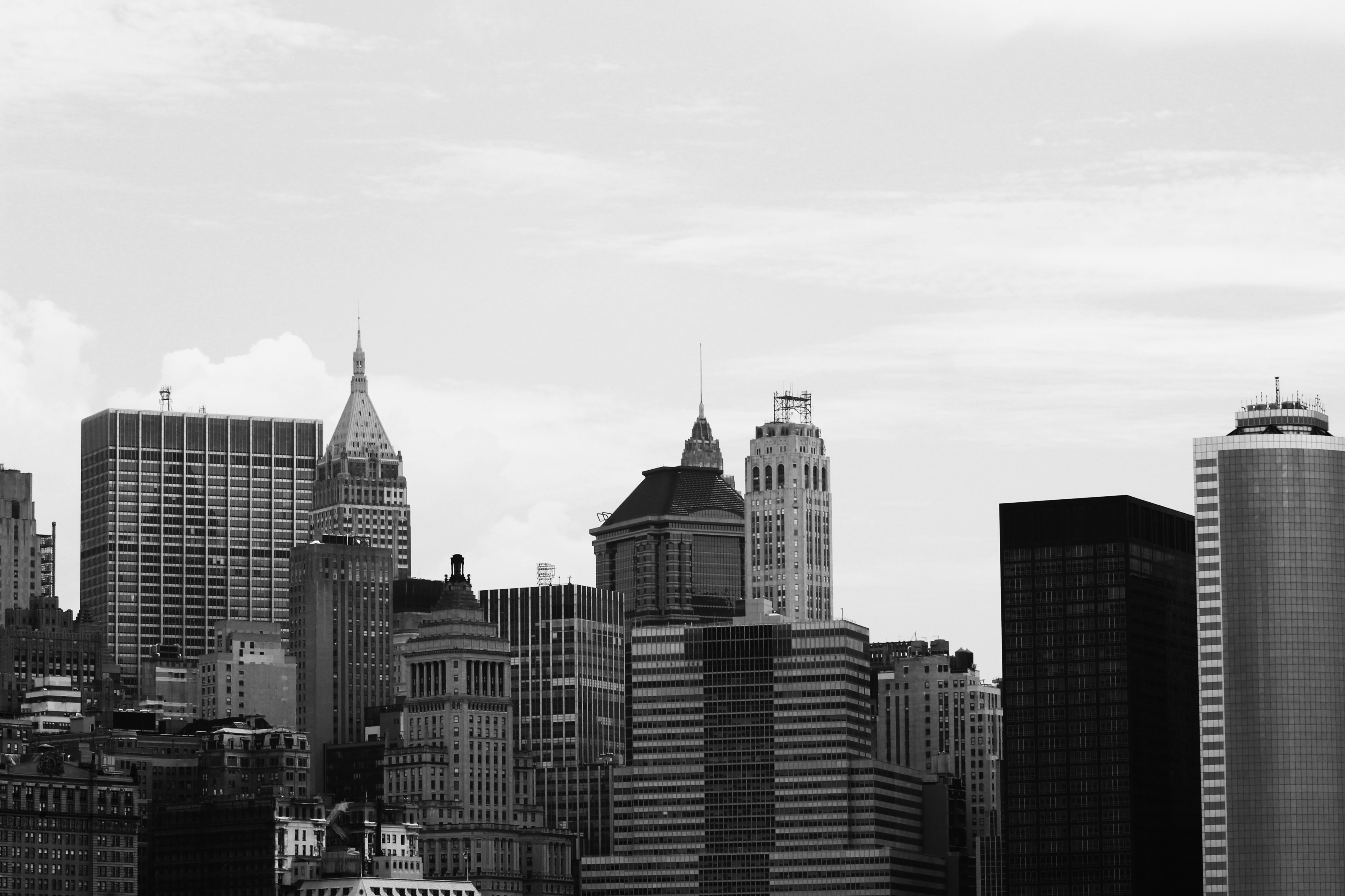 Black and white city skyline with skyscrapers