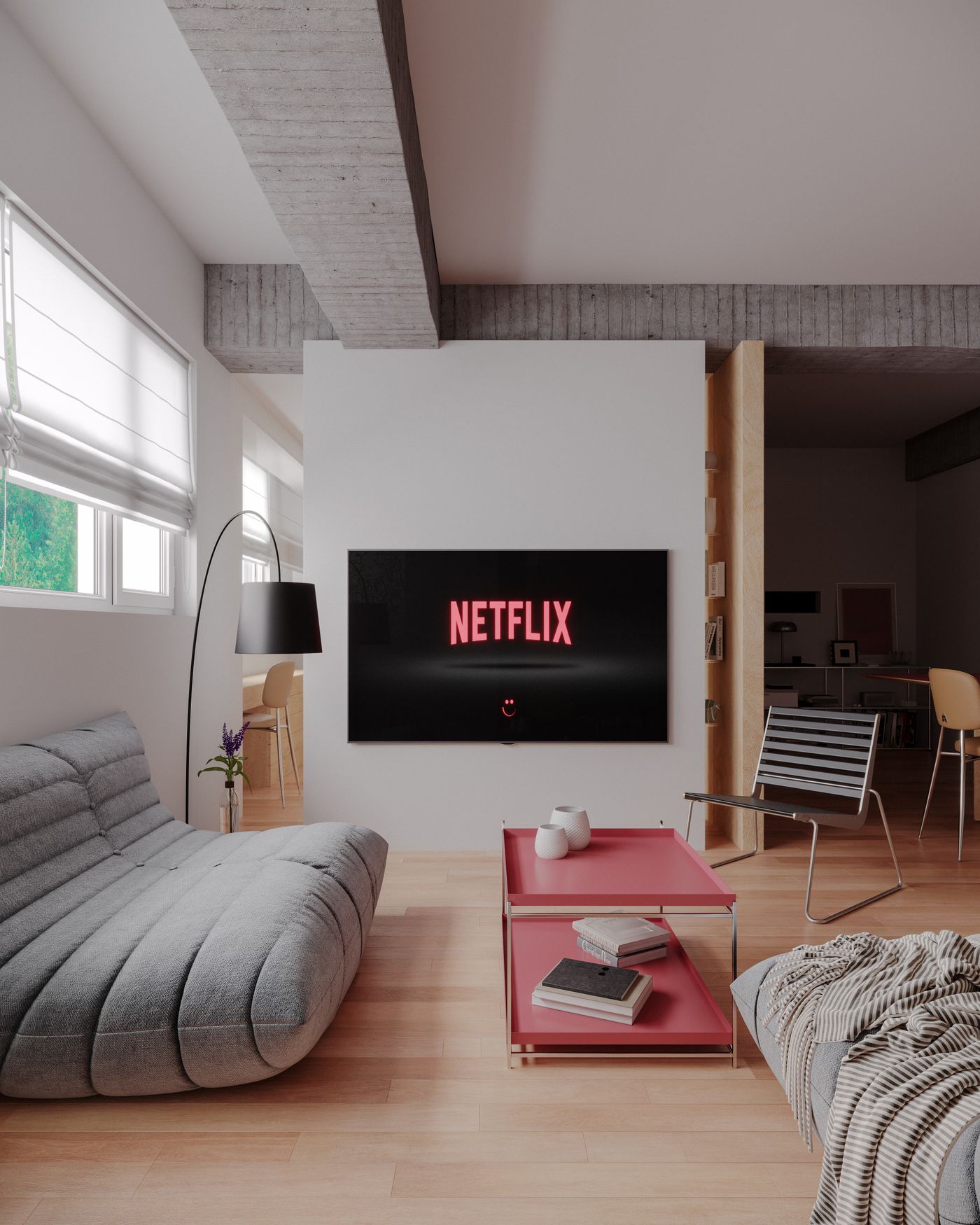 Modern living room with streaming service on TV