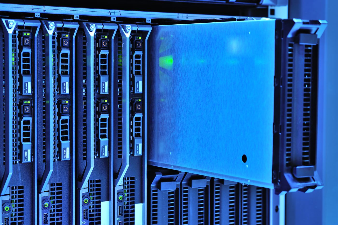 Abstract glowing network of connected data center nodes