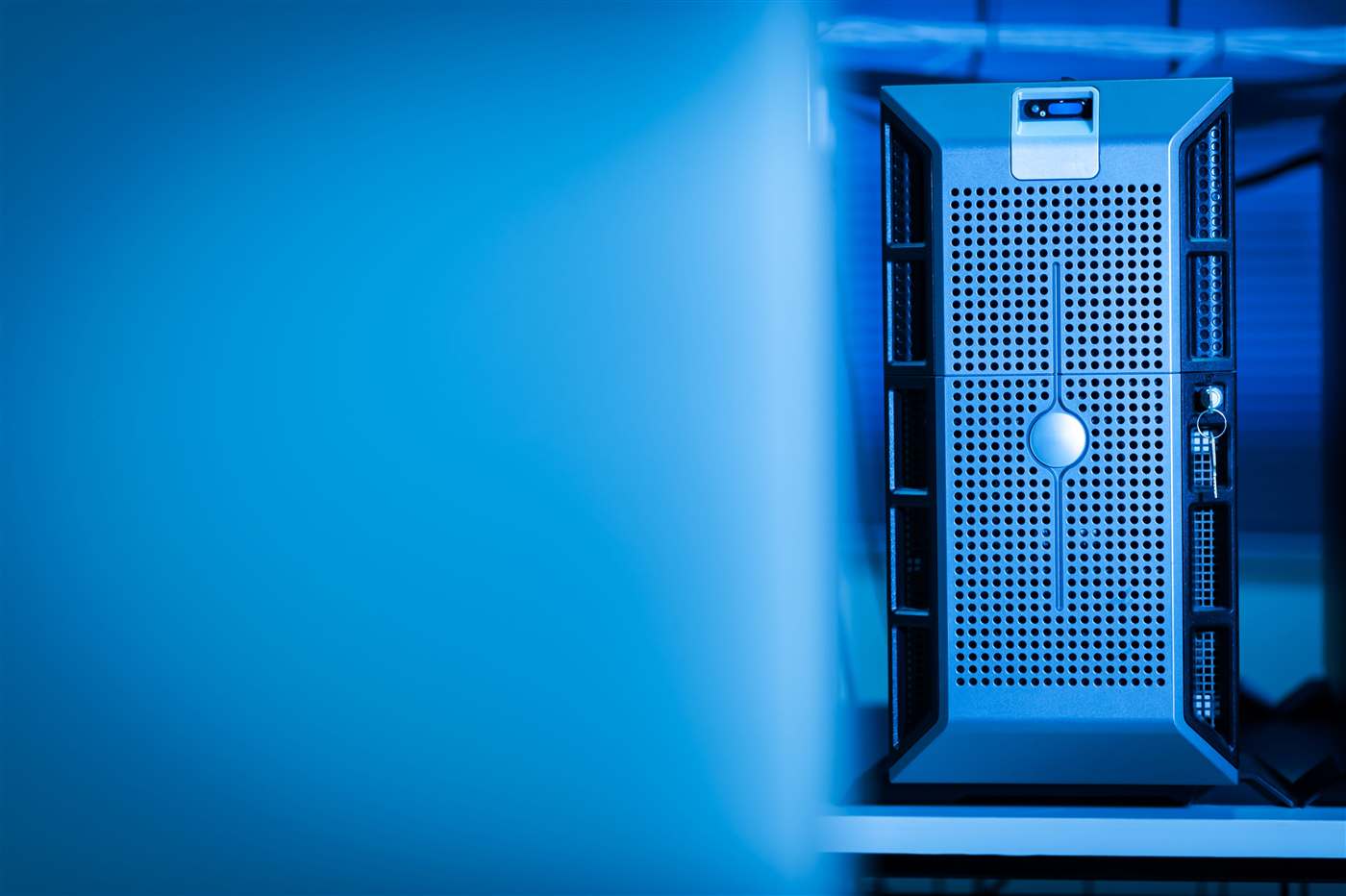 Modern data center server racks with blue lighting