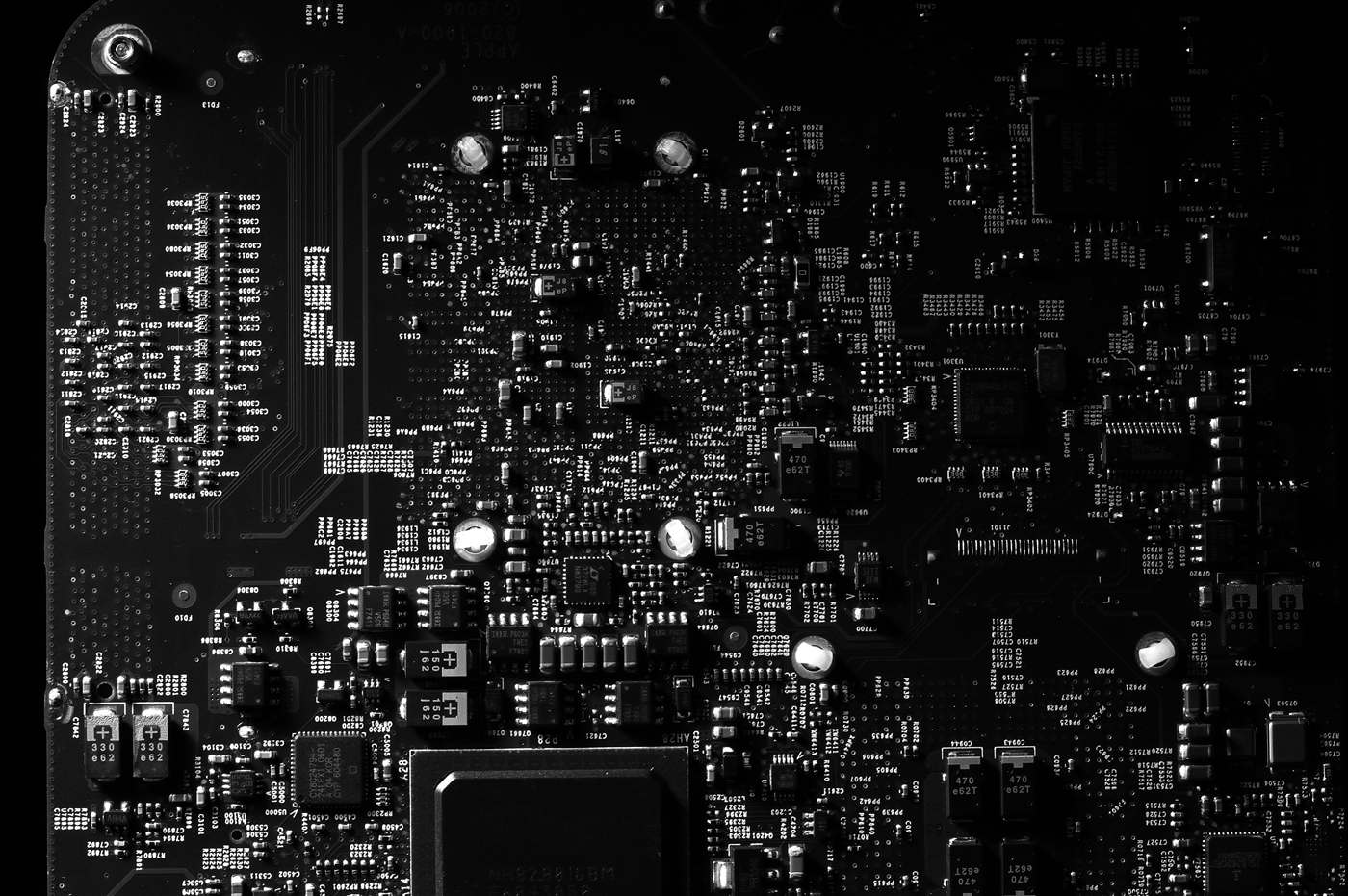 Electronic circuit board with microchip on a workbench